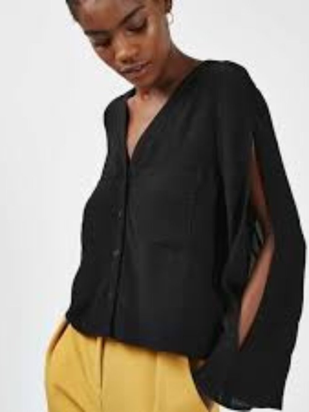 Topshop Black Long Split Sleeve Button Up V-Neck Two Pocket Top Size 6